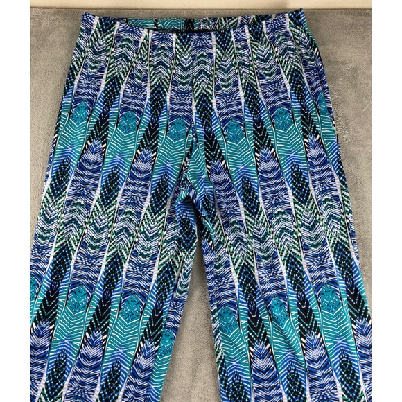 ALYX Women's Sz 2X Wide Leg Palazzo Pants Blue Green Feather Print Elastic Waist - Picture 2 of 12